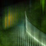 Abstract art in dark green, black and yellow. Black vertical stripes cut through the green, and a half circular movement from bottom to top right corner gives the photograph a dreamy mysterious feeling. A spot of yellow on the  left light up the dark.