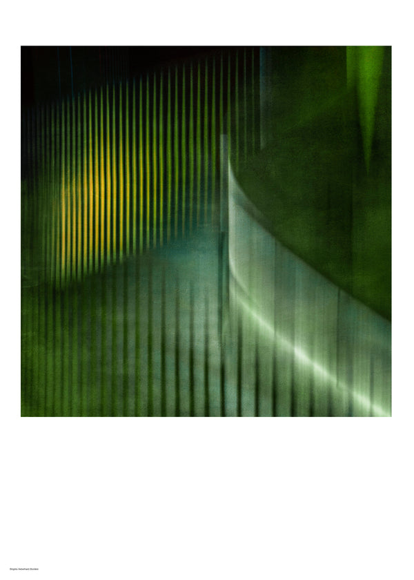 Poster of Borders, a photograph by Brigitte Aeberhard. An abstract art in dark green, black and yellow. Black vertical stripes through the green, and a half circular movement  from bottom to top right corner. A dreamy mysterious feeling. Available as poster in various sizes.