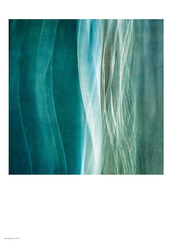 Poster in petrol blue and turquoise, and abstraction of vertical waves. Photography by Brigitte Aeberhard, available in various sizes. Printed in Sweden.